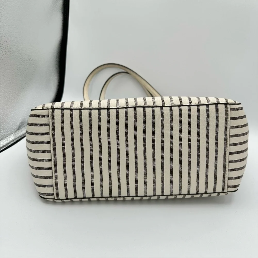 Henri Bendel West 57th Striped Domed Satchel Ivory Grey Stripe Gold Hardware